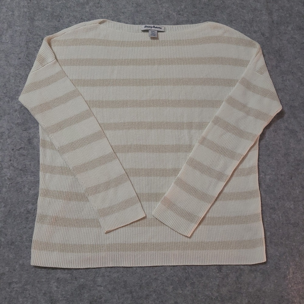Tommy Bahama Sweater Womens Small White Gold Striped Boat Neck